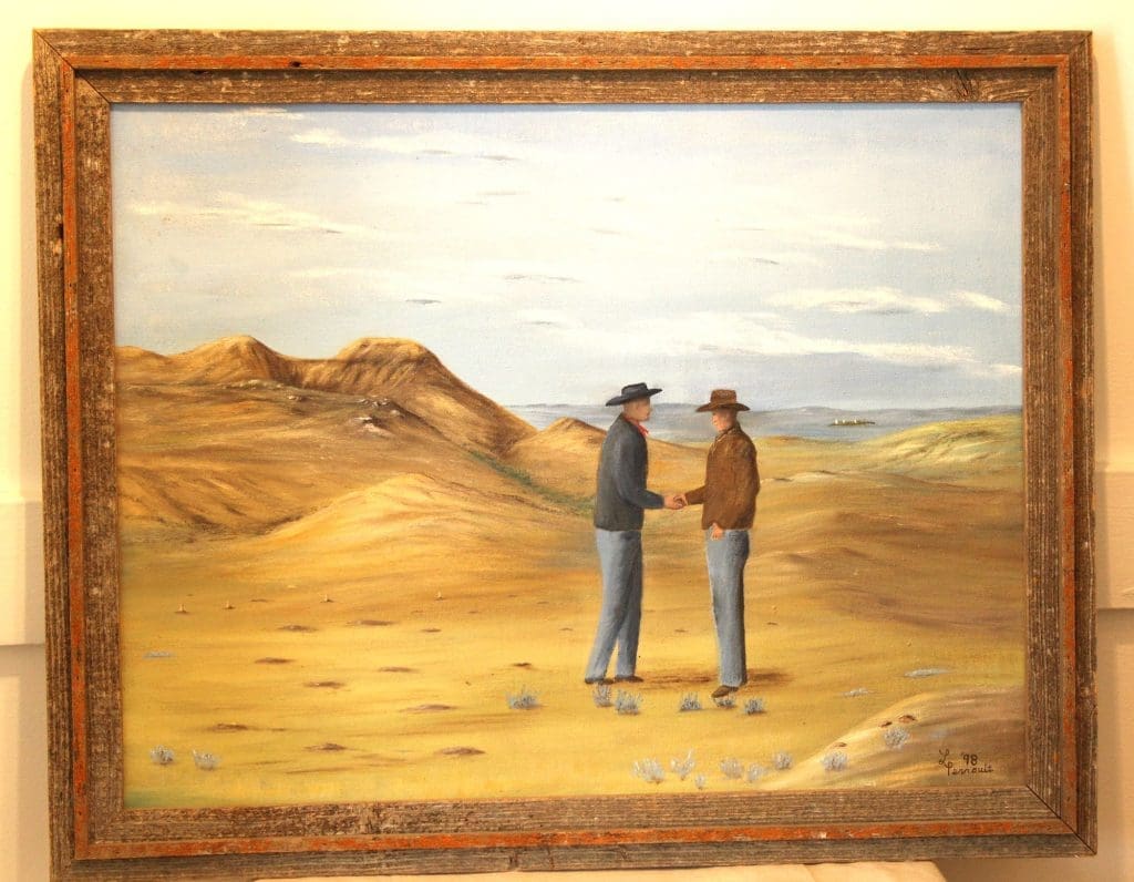 Oil Painting by Lise Perrault of her ranch land. Val Marie is visible in the background. Entitled "When A Man's Word Was As Good As Gold" and depicts Walter Larson and Fernand Perrault
